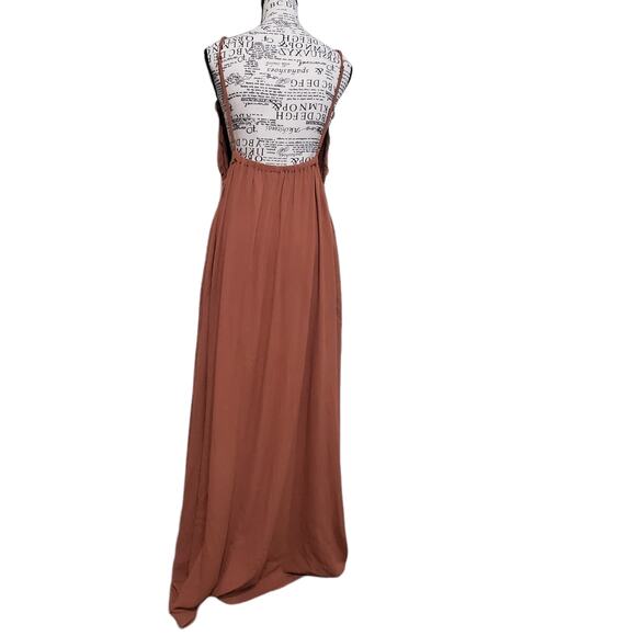 Wishlist Apparel Brown Maxi Dress Strappy Open Back Deep V Neck Flowy Large - Picture 10 of 14
